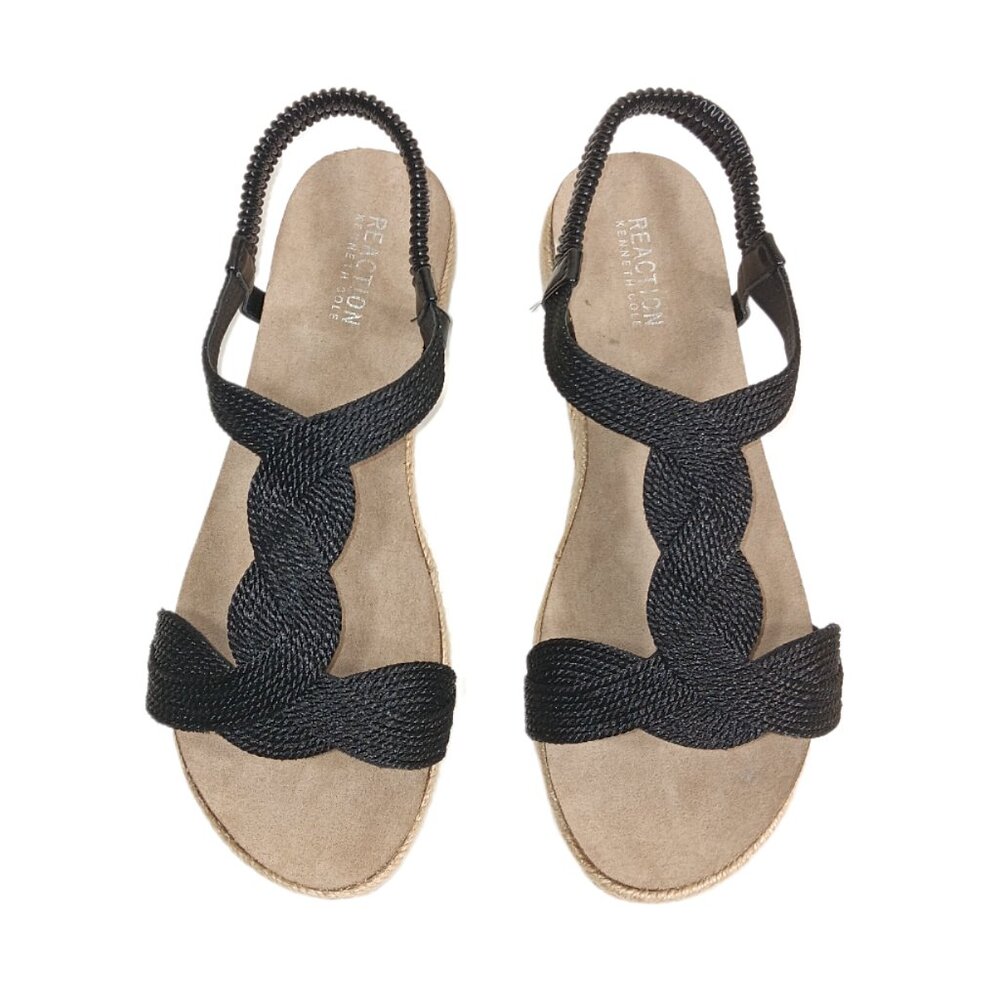 Kenneth Cole Harmony Sandals Womens 9 Black Woven Raffia T-Strap Boho Espadrille - Picture 2 of 5